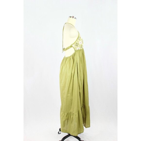 NWT ZARA Olive Green Beaded Cotton Crochet Halter Maxi Dress, Size L - Picture 2 of 16